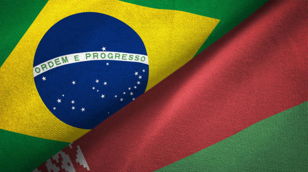 istock Belarus and Brazil two flags together realations textile cloth fabric texture 1089427618