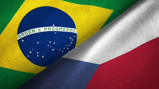 istock Czech Republic and Brazil two flags together realations textile cloth fabric texture 1089427730