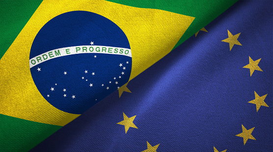European Union and Brazil flags together realtions textile cloth fabric texture