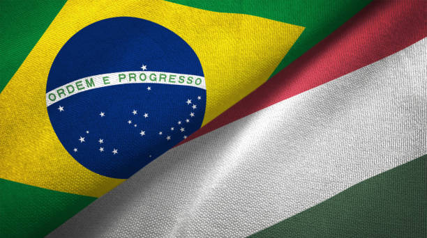 istock Hungary and Brazil two flags together realations textile cloth fabric texture 1089427940