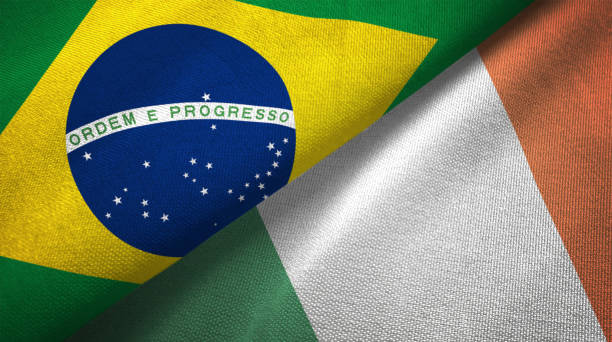 istock Ireland and Brazil two flags together realations textile cloth fabric texture 1089428122