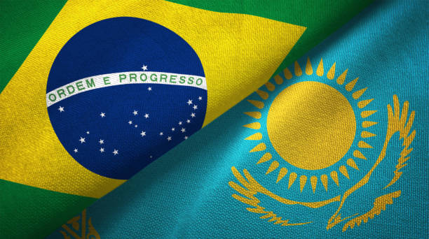 istock Kazakhstan and Brazil two flags together realations textile cloth fabric texture 1089428208