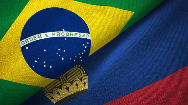 istock Liechtenstein and Brazil two flags together realations textile cloth fabric texture 1089428340