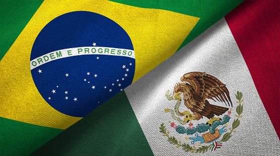 Mexico and Brazil flags together realtions textile cloth fabric texture