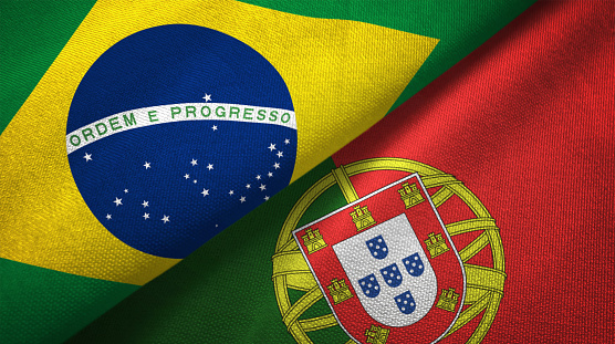 Portugal and Brazil flags together realtions textile cloth fabric texture