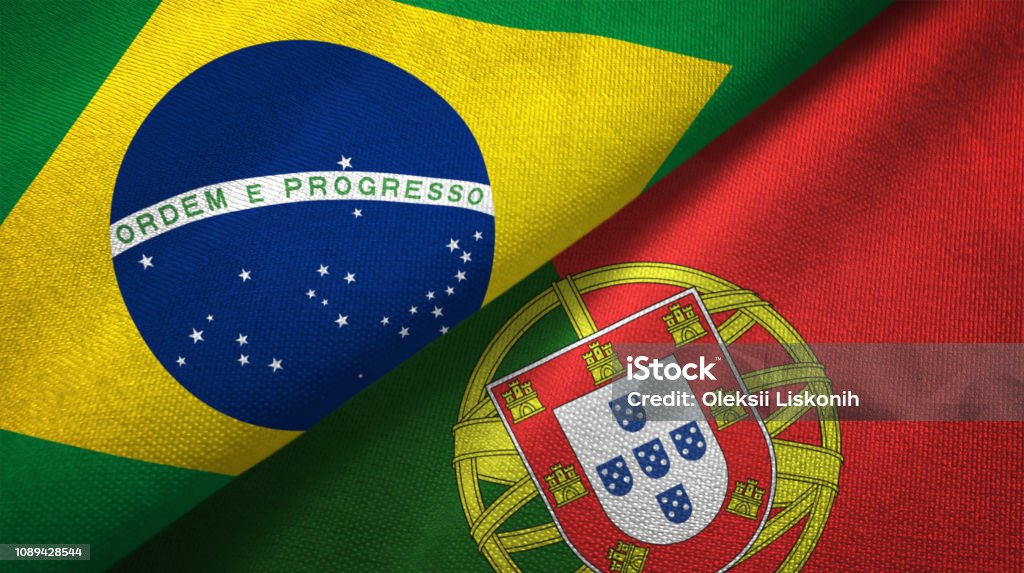 Portugal and Brazil two flags together realations textile cloth fabric texture Portugal and Brazil flags together realtions textile cloth fabric texture Portugal Stock Photo