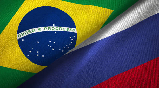istock Russia and Brazil two flags together realations textile cloth fabric texture 1089429568