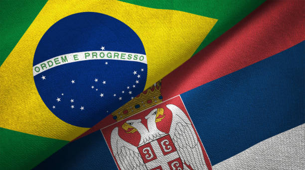 istock Serbia and Brazil two flags together realations textile cloth fabric texture 1089429570