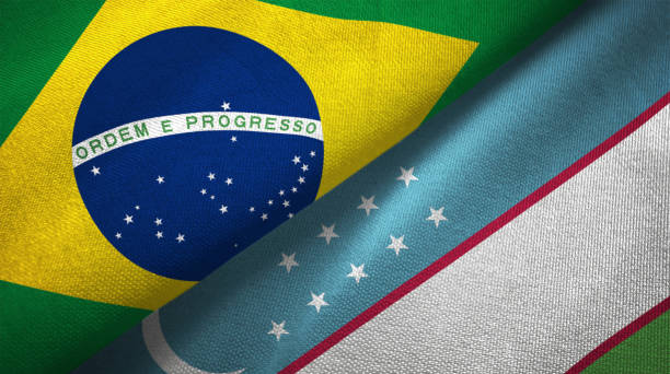 istock Uzbekistan and Brazil two flags together realations textile cloth fabric texture 1089429772