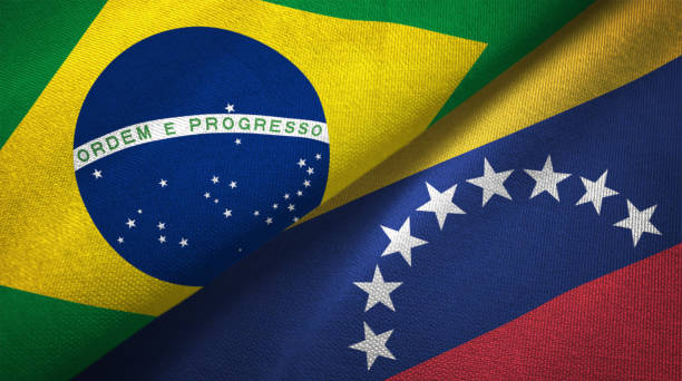 istock Venezuela and Brazil two flags together realations textile cloth fabric texture 1089429802
