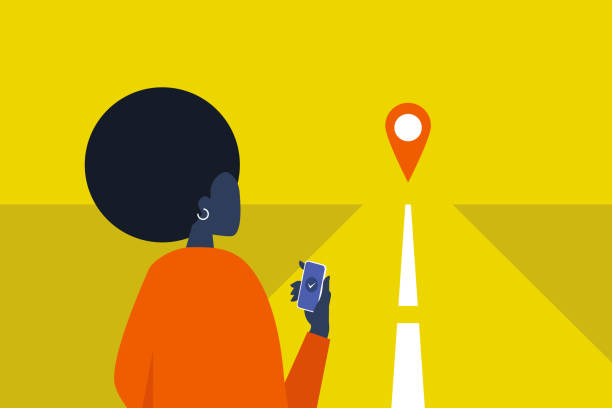 航法装置。gps geo タグ。若い黒の女性のキャラクターはスマート フォンを保持します。旅行者。道路。タクシーを待っています。フラット編集可能なベクトル イラスト、クリップアート - people traveling global positioning system travel mobile phone点のイラスト素材／クリップアート素材／マンガ素材／アイコン素材