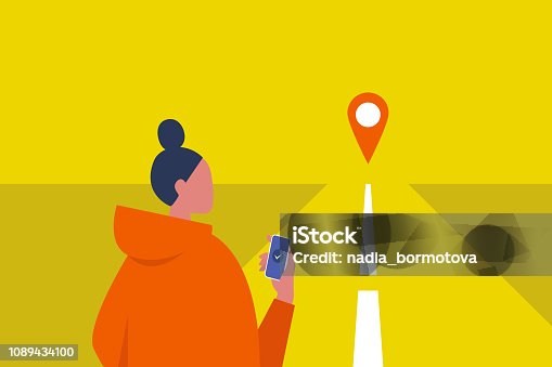 istock Navigation equipment. GPS geo tag. Young female character holding a smartphone. Traveller. Road. Waiting for a taxi. Flat editable vector illustration, clip art 1089434100