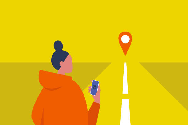 Navigation equipment. GPS geo tag. Young female character holding a smartphone. Traveller. Road. Waiting for a taxi. Flat editable vector illustration, clip art Navigation equipment. GPS geo tag. Young female character holding a smartphone. Traveller. Road. Waiting for a taxi. Flat editable vector illustration, clip art gen z stock illustrations