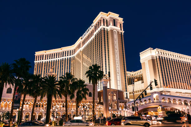Las Vegas, Nevada, USA - June 3, 2016: Street view of buildings in The Strip, Las Vegas at night time.