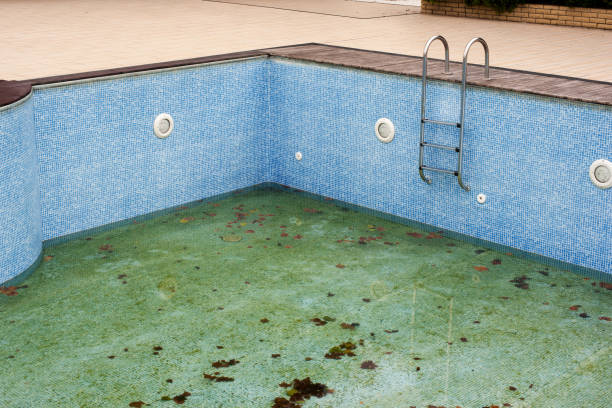 istock Dirty swimming pool without water with metal staircase 1089437330