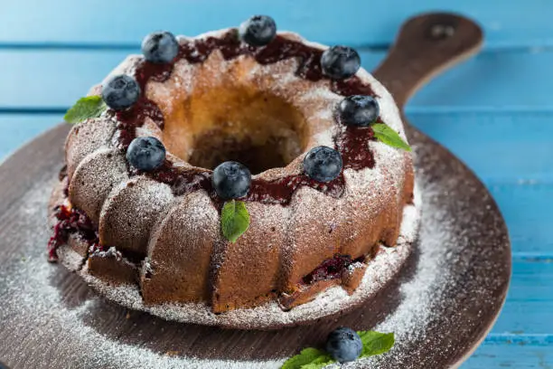 Homemade bundt cake with icing sugar and blueberry