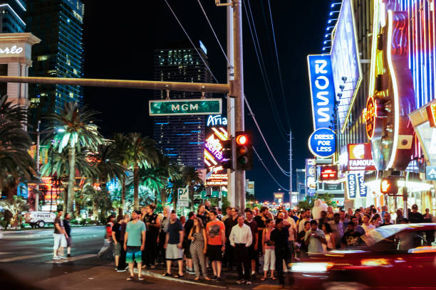 Las Vegas, Nevada, USA - June 3, 2016: Street view of buildings in The Strip, Las Vegas at night time.