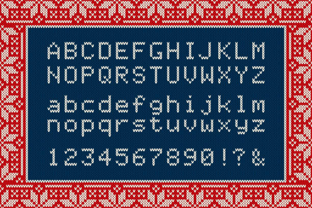 świąteczna dzianinowa czcionka. litery i cyfry alfabetu łacińskiego na dzianinowym tle - wektor - sewing stock illustrations