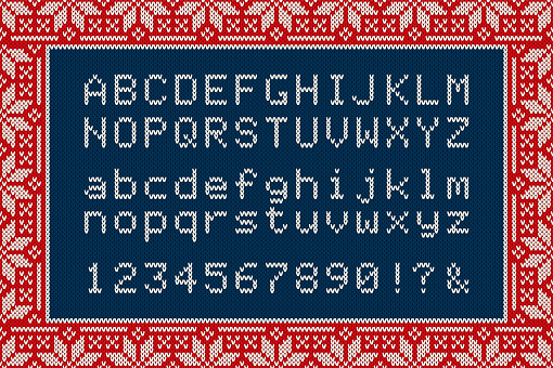 Christmas Knitted Font. Latin Alphabet Letters and Numbers on Knit Background - Vector.