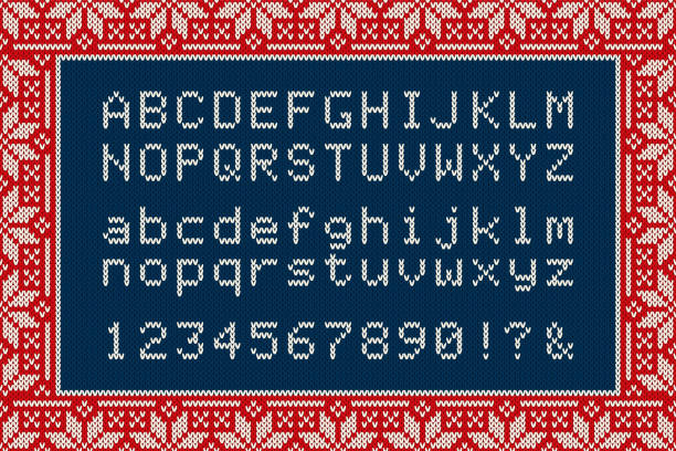 Christmas Knitted Font. Latin Alphabet Letters and Numbers on Knit Background - Vector Christmas Knitted Font. Latin Alphabet Letters and Numbers on Knit Background - Vector. christmas pattern pixel stock illustrations