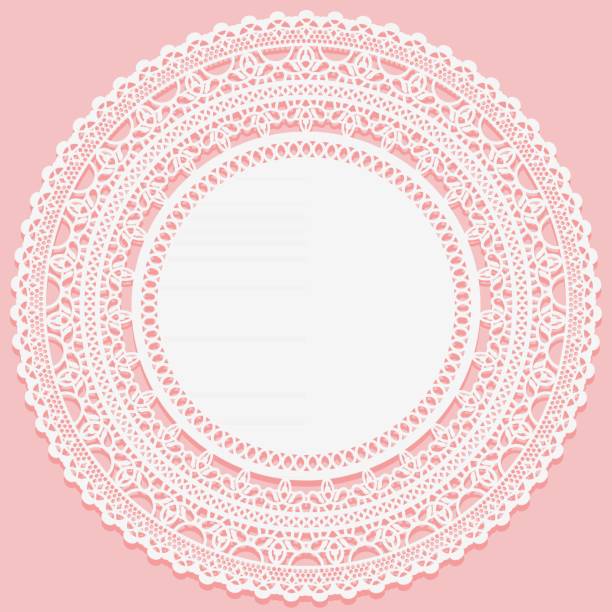 White lacy napkin on a pink background. Openwork round lace frame. White lacy napkin on a pink background. Openwork round lace frame. Vector illustration lace doily crochet craft product stock illustrations