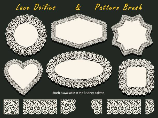 illustrazioni stock, clip art, cartoni animati e icone di tendenza di set di cornici in pizzo bianco o doilies di varie forme e pennello motivo. elementi vintage tralabili isolati su sfondo scuro - doily lace frame ellipse