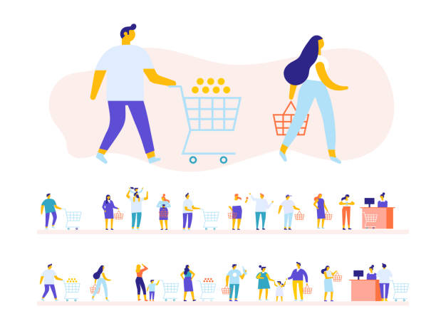 ilustrações de stock, clip art, desenhos animados e ícones de family shopping in supermarket vector set. - food shopping