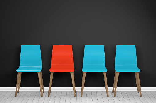 Chairs in office, standing out from the crowd, leadership business concept.