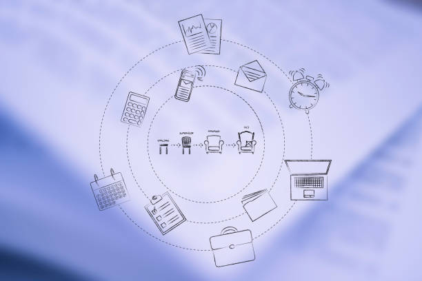 career progression metaphor with chairs surrounded by office-themed icons