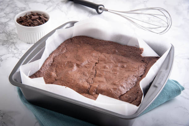 istock chocolate brownie in steel pan 1089470684