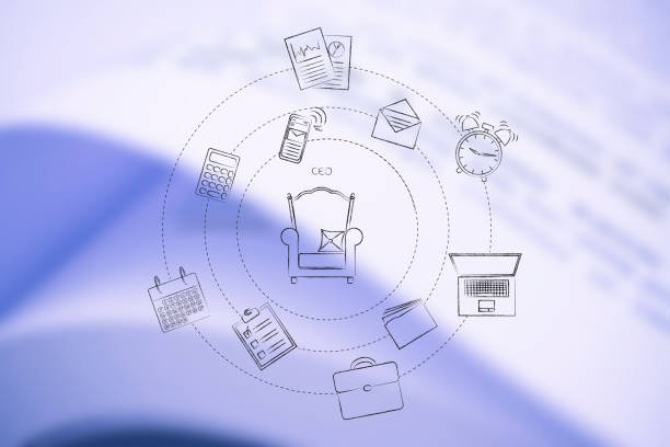 istock Ceo chair with caption surrounded by spinning office-themed icons 1089471028