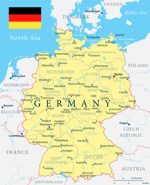 Vector illustration of Germany Map - Yellow - Highly detailed vector illustration