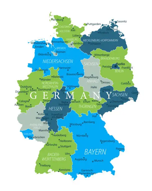Vector illustration of Germany Map - Blue Green Gray Isolated on White - Highly detailed vector illustration