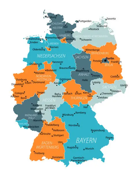Vector illustration of Germany Map - Blue Orange Gray - Highly detailed vector illustration