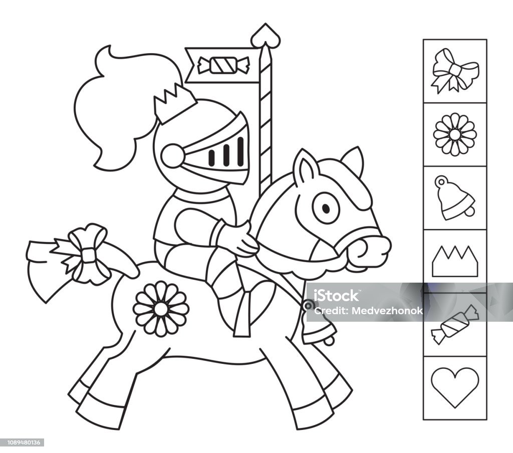 Color the knight. Find the objects hidden in the picture. Color the knight. Find the objects hidden in the picture. Games for kids. Coloring page. Educational activity for children Fantasy stock vector