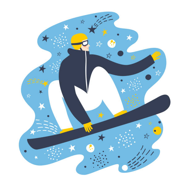 Cartoon fast snowboarder on decorative background. Cartoon fast snowboarder on decorative background. Winter sport illustration for your design. kids snow suits stock illustrations