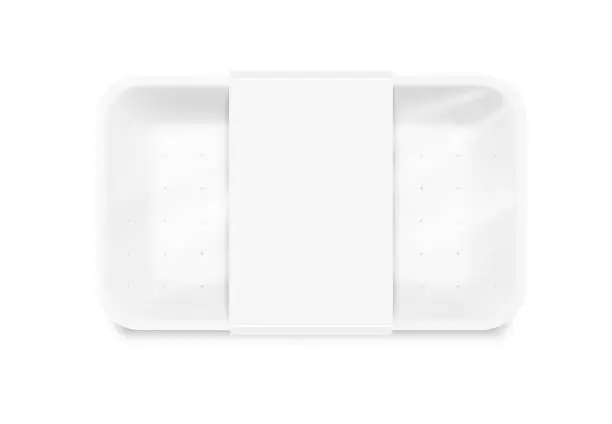 Vector illustration of Mockup tray with wrap label. Vector illustration isolated on white background.