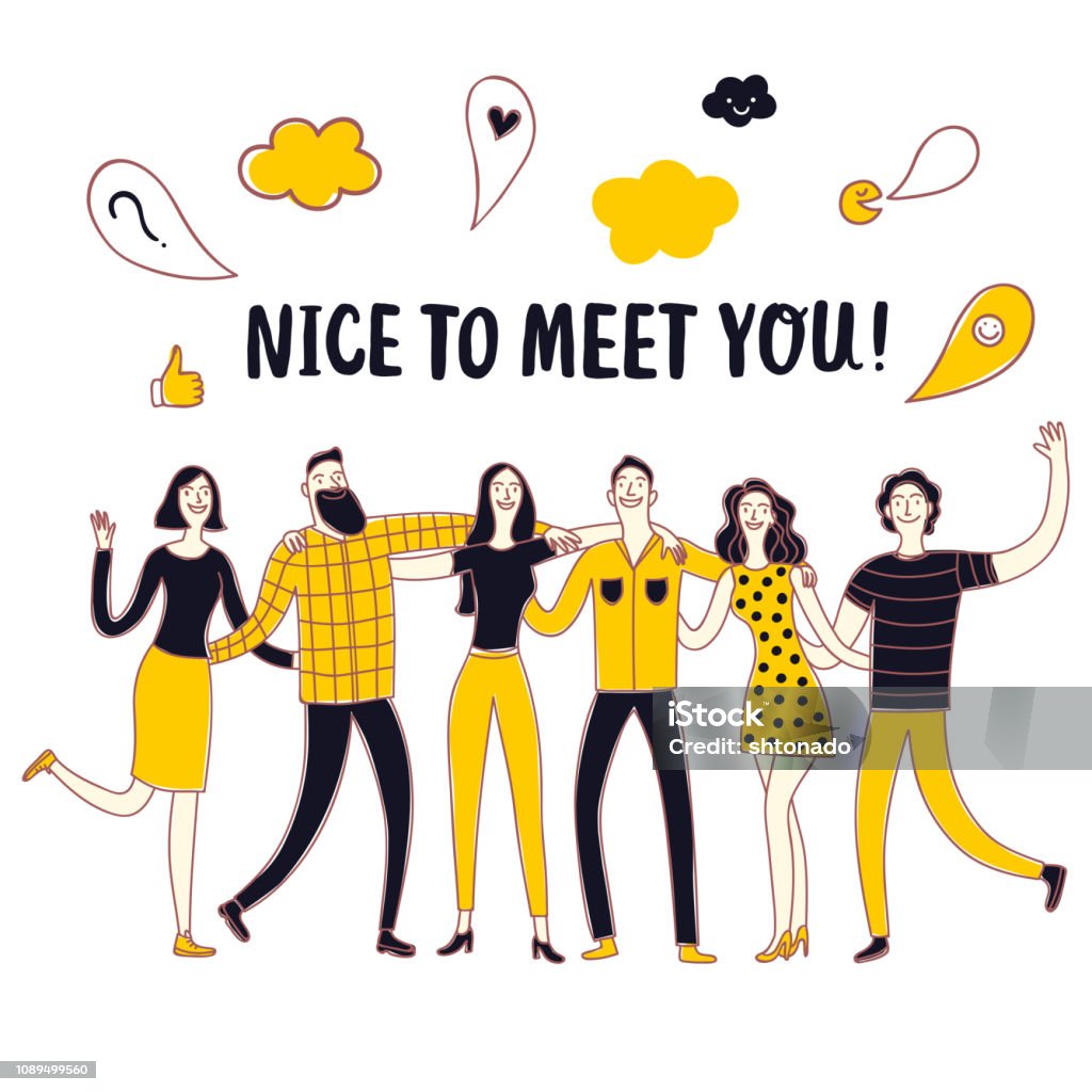 Friendship cartoon illustration Group of six happy friends, boys and girls, hugging each other. Including nice to meet you title and doodle elements. Illustration about friendship for your design. Greeting stock vector