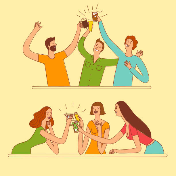 Group of men and women drinking at the bar. Group of men and women drinking at the bar. People having fun. Colorful vector illustration for your design. gripping bars stock illustrations