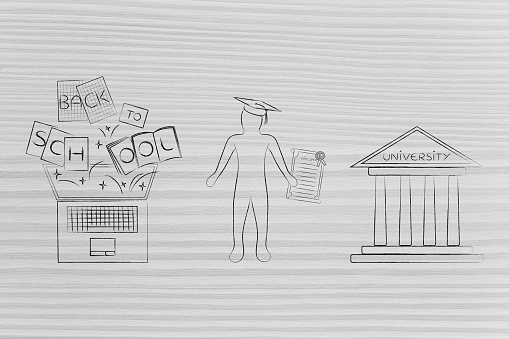 education and back to school conceptual illustration: laptop with textbooks flying out with text Back to School next to graduate student and university entrance
