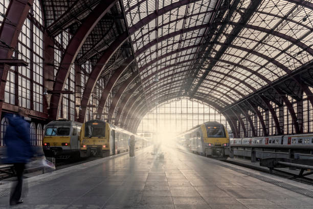 Antwerp, Belgium - December 26, 2018; trains waiting for departure at Antwerp Central Station