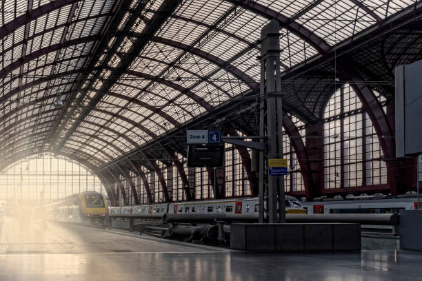 Antwerp, Belgium - December 26, 2018; trains waiting for departure at Antwerp Central Station