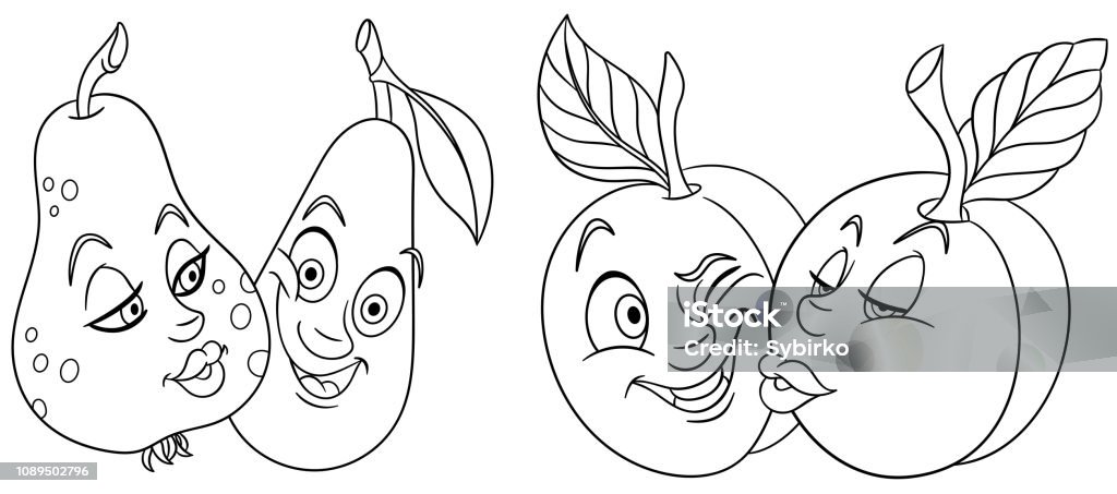 Coloring page with fruits in love Coloring page. Cartoon fruit couples in love. Coloring book design for kids. Agriculture stock vector