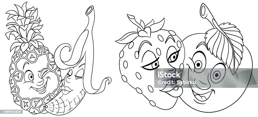 Coloring page with fruits in love Coloring page. Cartoon fruit couples in love. Coloring book design for kids. Agriculture stock vector