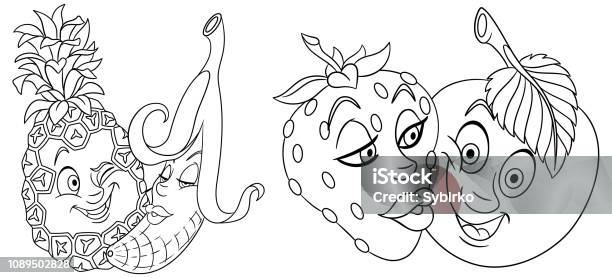 Coloring Page With Fruits In Love Stock Illustration - Download Image Now - Agriculture, Anthropomorphic Face, Banana