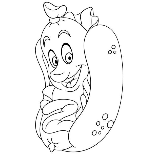 Coloring page with hot dog Coloring page. Cartoon hot dog. Coloring book design for kids. vienna sausage stock illustrations