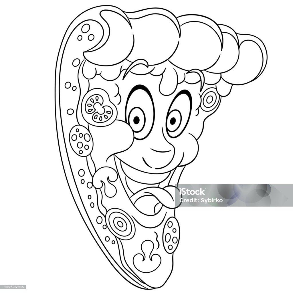 Coloring page with pizza slice Coloring page. Cartoon pizza slice. Coloring book design for kids. Drawing - Art Product stock vector