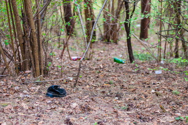 istock Thrown out boot together with empty bottles and other trash in the forest 1089508512