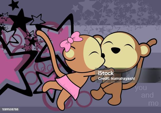 Lovely Monkeys Couple Kissing Cartoon Love Valentine Background Stock Illustration - Download Image Now