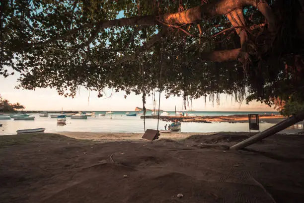 Photo of Girl on a swing in Cap malheureux beach, Mauritius.